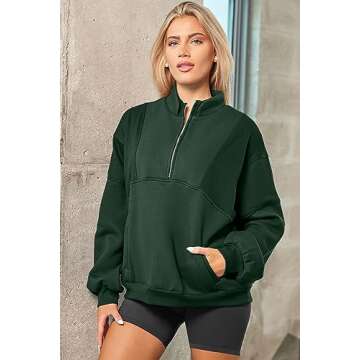 BLENCOT Half Zip Oversized Sweatshirts For Women Long Sleeve Fleece Trendy Cropped Pullover Workout Warm Tops With Pockets L Green