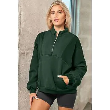BLENCOT Half Zip Oversized Sweatshirts For Women Long Sleeve Fleece Trendy Cropped Pullover Workout Warm Tops With Pockets L Green