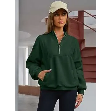 BLENCOT Half Zip Oversized Sweatshirts For Women Long Sleeve Fleece Trendy Cropped Pullover Workout Warm Tops With Pockets L Green