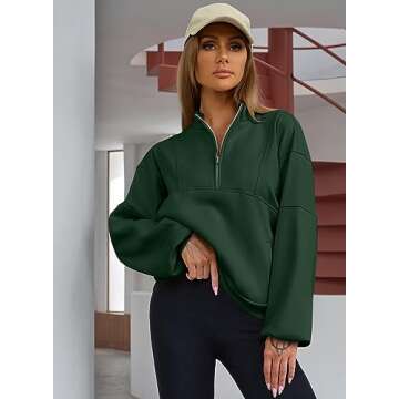 BLENCOT Half Zip Oversized Sweatshirts For Women Long Sleeve Fleece Trendy Cropped Pullover Workout Warm Tops With Pockets L Green