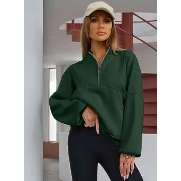 BLENCOT Half Zip Oversized Sweatshirts For Women Long Sleeve Fleece Trendy Cropped Pullover Workout Warm Tops With Pockets L Green
