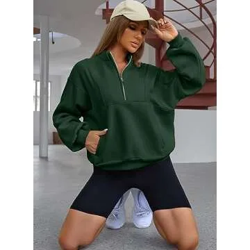 BLENCOT Half Zip Oversized Sweatshirts For Women Long Sleeve Fleece Trendy Cropped Pullover Workout Warm Tops With Pockets L Green