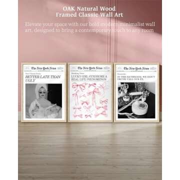 iHery Natural OAK Wood Trendy Retro Newspaper Headline Framed Wall Art, 12x16 in Pink Bow Poster Vintage Canvas Print, Beige Frame Logs Lucky Girly Bathroom Coquette Décor Living Room Set of 1