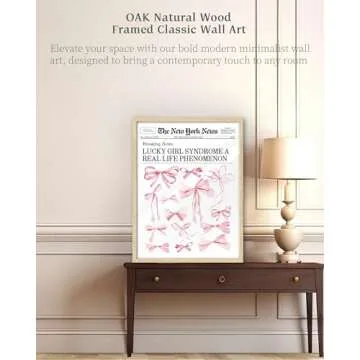 iHery Natural OAK Wood Trendy Retro Newspaper Headline Framed Wall Art, 12x16 in Pink Bow Poster Vintage Canvas Print, Beige Frame Logs Lucky Girly Bathroom Coquette Décor Living Room Set of 1