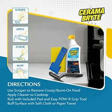 Cerama Bryte Combo Kit POW-R Grip, Scraper, Pad & Removes Tough Stains Cooktop and Stove Top Cleaner for Glass - Ceramic Surfaces, 10 Ounces, 4 Piece