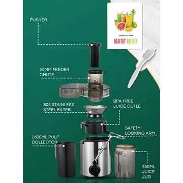 Juicer Machine, HOUSNAT Centrifugal Juicer,Extractor Max Power 800W Juice, 65MM Chute for Whole Fruit and Vegetables, Juice Extractor with 3 Speeds Quick Juicing, Easy to Clean, BPA Free,Silver