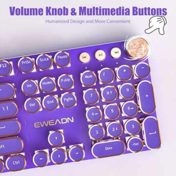 TISHLED Typewriter Style Mechanical Gaming Keyboard White LED Backlit 104-Key NKRO Pink Switches Retro Round Keycaps Golden Ring Volume Knob Metal Panel Wired USB-C Detachable Cable, Purple