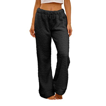 Famulily Womens Winter Plush Fluffy Pajama Pants Warm Fuzzy Lounge Pants Sleepwear Bottoms Black M