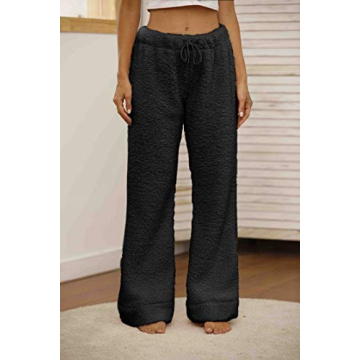 Famulily Womens Winter Plush Fluffy Pajama Pants Warm Fuzzy Lounge Pants Sleepwear Bottoms Black M