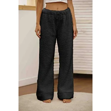 Famulily Womens Winter Plush Fluffy Pajama Pants Warm Fuzzy Lounge Pants Sleepwear Bottoms Black M