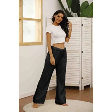 Famulily Womens Winter Plush Fluffy Pajama Pants Warm Fuzzy Lounge Pants Sleepwear Bottoms Black M