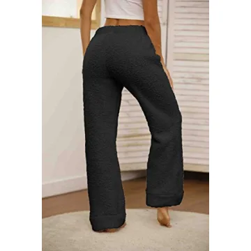 Famulily Womens Winter Plush Fluffy Pajama Pants Warm Fuzzy Lounge Pants Sleepwear Bottoms Black M
