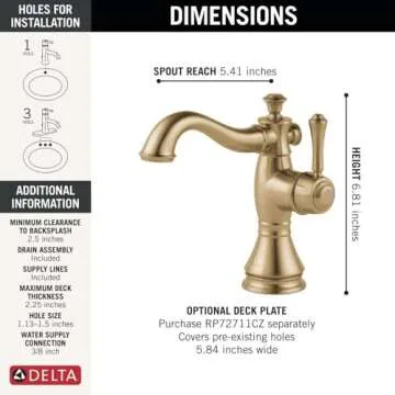 Delta Faucet Cassidy Single Hole Bathroom Faucet, Gold Bathroom Faucet, Single Handle Bathroom Faucet, Metal Drain Assembly, Champagne Bronze 597LF-CZMPU