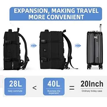 Large Travel Backpack for Women Carry On Airline Flight Approved Expandable Work Personal Item size Backpack Bag with Laptop compartment for College Men Hiking Waterproof Mochila de Viaje Black