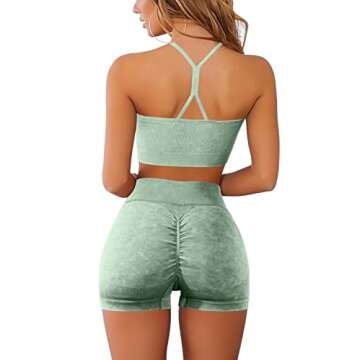 QINSEN Womens Yoga Pants Bodycon 2 Piece Outfits Sport Bra High Waist Booty Shorts Shorts Light Green S
