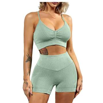 QINSEN Womens Yoga Pants Bodycon 2 Piece Outfits Sport Bra High Waist Booty Shorts Shorts Light Green S