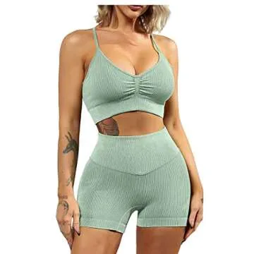 QINSEN Womens Yoga Pants Bodycon 2 Piece Outfits Sport Bra High Waist Booty Shorts Shorts Light Green S