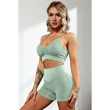 QINSEN Womens Yoga Pants Bodycon 2 Piece Outfits Sport Bra High Waist Booty Shorts Shorts Light Green S