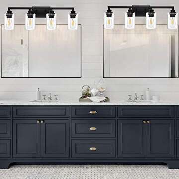 VINLUZ Industrial Black Vanity Light 4 Lights with Clear Glass Shade Farmhouse Bathroom Light Fixtures Metal Wall Lighting Sconces for Hallway Bedroom Living Room