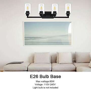 VINLUZ Industrial Black Vanity Light 4 Lights with Clear Glass Shade Farmhouse Bathroom Light Fixtures Metal Wall Lighting Sconces for Hallway Bedroom Living Room