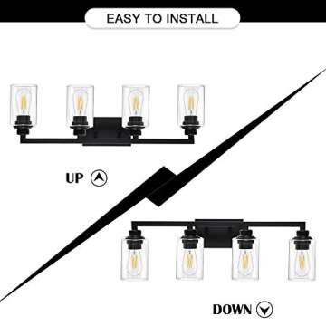 VINLUZ Industrial Black Vanity Light 4 Lights with Clear Glass Shade Farmhouse Bathroom Light Fixtures Metal Wall Lighting Sconces for Hallway Bedroom Living Room