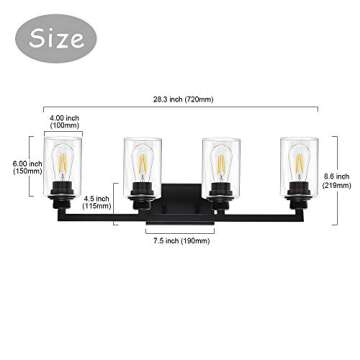 VINLUZ Industrial Black Vanity Light 4 Lights with Clear Glass Shade Farmhouse Bathroom Light Fixtures Metal Wall Lighting Sconces for Hallway Bedroom Living Room
