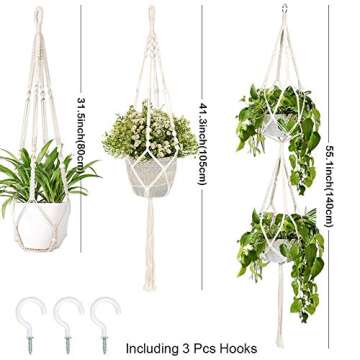 AerWo 3 Pack Macrame Plant Hangers Indoor Wall Hanging Planters+ 3 PCS Hooks, Handmade Hanging Plant...