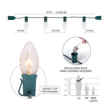 C9 Clear Christmas String Lights, Outdoor Christmas Lights String, Hanging Christmas Roofline Lights, Patio Lights for Outdoor Decor, Green Wire, 25 Feet