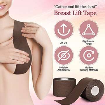 Unknown Breast Lift Tape with 10Pcs Reusable Nipple Cover, Waterproof boobtape Adhesive push up Breathable Chest Support Boobytape, Invisible Athletic Bra for Large Breast(Brown)