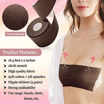 Unknown Breast Lift Tape with 10Pcs Reusable Nipple Cover, Waterproof boobtape Adhesive push up Breathable Chest Support Boobytape, Invisible Athletic Bra for Large Breast(Brown)