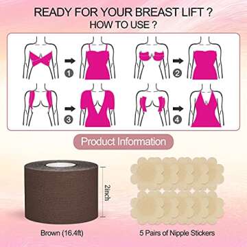 Unknown Breast Lift Tape with 10Pcs Reusable Nipple Cover, Waterproof boobtape Adhesive push up Breathable Chest Support Boobytape, Invisible Athletic Bra for Large Breast(Brown)
