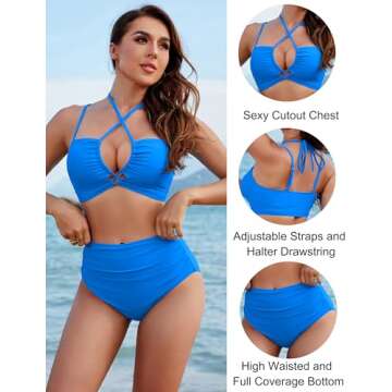 Blooming Jelly Womens High Waisted Bikini Sets Tummy Control Swimsuits 2 Piece Swimsuit for Women(Blue,X-Large)