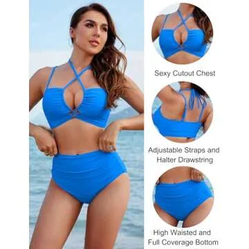 Blooming Jelly Womens High Waisted Bikini Sets Tummy Control Swimsuits 2 Piece Swimsuit for Women(Blue,X-Large)