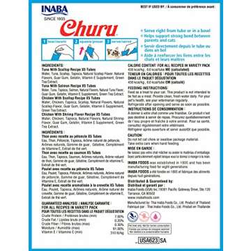 INABA Churu Cat Treats, Grain-Free, Lickable, Squeezable Creamy Purée Cat Treat/Topper with Vitamin...