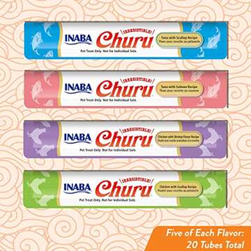INABA Churu Cat Treats, Grain-Free, Lickable, Squeezable Creamy Purée Cat Treat/Topper with Vitamin E & Taurine, 0.5 Ounces Each Tube, 20 Tubes, Seafood Variety