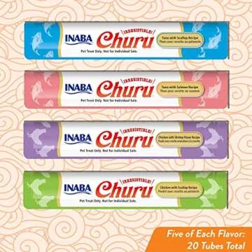 INABA Churu Cat Treats, Grain-Free, Lickable, Squeezable Creamy Purée Cat Treat/Topper with Vitamin E & Taurine, 0.5 Ounces Each Tube, 20 Tubes, Seafood Variety