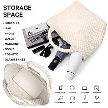 Woven Bag for Women, Vegan Leather Tote Bag Large Summer Beach Travel Handbag and Purse Retro Handmade Shoulder Bag (Creamy-White)