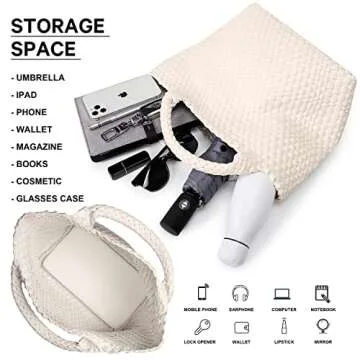 Woven Bag for Women, Vegan Leather Tote Bag Large Summer Beach Travel Handbag and Purse Retro Handmade Shoulder Bag (Creamy-White)