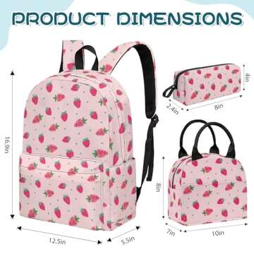 Okiretin 3PCS Girls Boys Backpack, Kids School Backpack with Lunch Box Pencil Case Set, Cute Strawberry Backpack for Girls Teens, 17" Schoolbag Bookbag for Elementary Middle High School Students