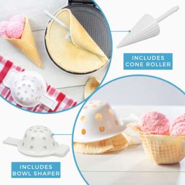 Waffle Cone and Bowl Maker for Homemade Ice Cream Cones- Includes Shaper Roller & Bowl Press - Elect...