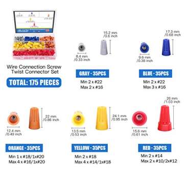 Glarks 8" 10-22 AWG Multifunction Wire Stripper/Crimper/Cutter and 175Pcs Twist Nuts Caps Electrical Wire Connectors Screw Terminals with 5Pcs Electrical Tape Assortment Set