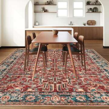 Valenrug Washable Rug 9x12 - Ultra-Thin Antique Collection Area Rug, Stain Resistant Rugs for Living Room Bedroom, Distressed Vintage Rug(Red, 9'x12')
