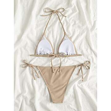 SOLY HUX Women's Halter Top Two Piece Swimsuit Tie Side Triangle Bikini Pure Khaki M