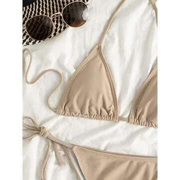 SOLY HUX Women's Halter Top Two Piece Swimsuit Tie Side Triangle Bikini Pure Khaki M