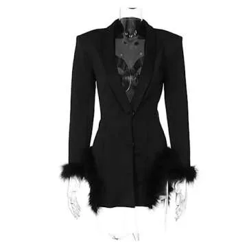 FURINFASHION GR-201 Women's Deep V-Neck Suit Dress with Fluffy Ostrich Feather Cuffs Long Sleeved Autumn Formal Dresses (as1, Alpha, x_l, Regular, Regular, Black)