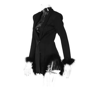 FURINFASHION GR-201 Women's Deep V-Neck Suit Dress with Fluffy Ostrich Feather Cuffs Long Sleeved Autumn Formal Dresses (as1, Alpha, x_l, Regular, Regular, Black)