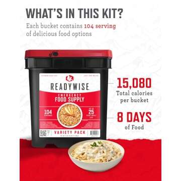READYWISE - Variety Pack Bucket, 104 Servings, Emergency, MRE Meal & Drink Supply, Premade, Freeze Dried Survival Food, Hiking, Adventure and Camping Essentials, Individually Packaged, 25 Year Shelf Life