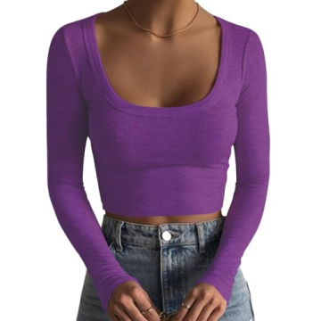 Artfish Women's Square Neck Long Sleeve Ribbed Slim Fitted Casual Basic Crop Top (Purple, S)