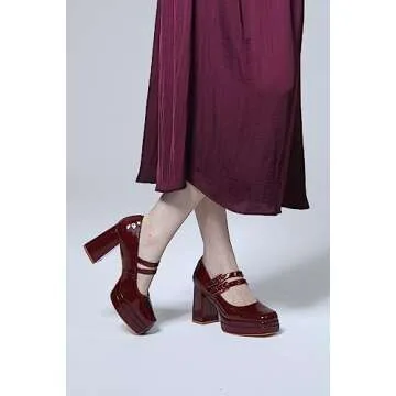 Coutgo Women's Platform Mary Jane Pumps - Deep Red Elegance