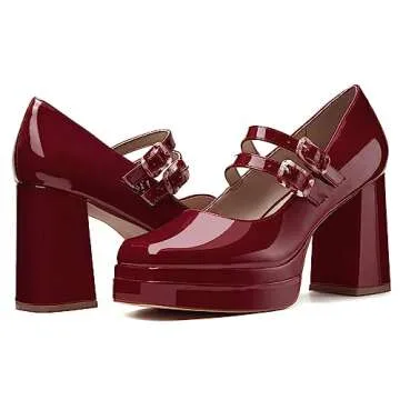 Coutgo Women's Platform Mary Jane Pumps - Deep Red Elegance
